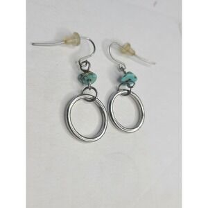 Vintage Silver Hoop Earrings With Turquoise Beads & Fishhook Backings